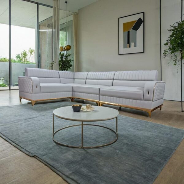 Taxzek Modern L-Shaped Sectional Sofa with Ottoman, Quilted Grey Leather, Gold Trim, Light Blue Accent Pillows - Image 5