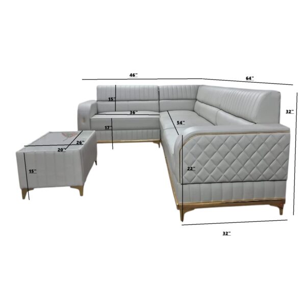 Taxzek Modern L-Shaped Sectional Sofa with Ottoman, Quilted Grey Leather, Gold Trim, Light Blue Accent Pillows - Image 3