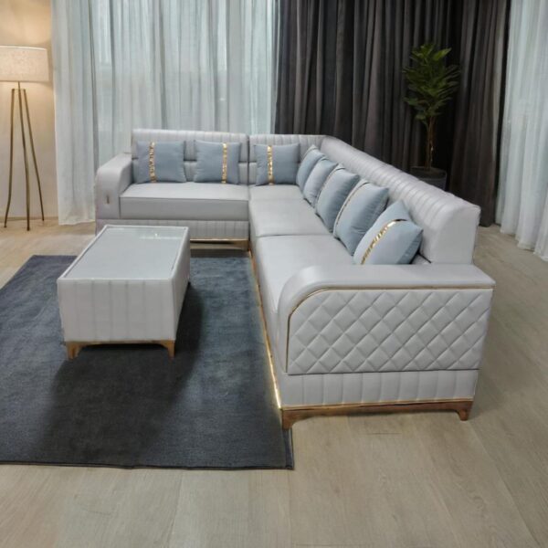 Taxzek Modern L-Shaped Sectional Sofa with Ottoman, Quilted Grey Leather, Gold Trim, Light Blue Accent Pillows