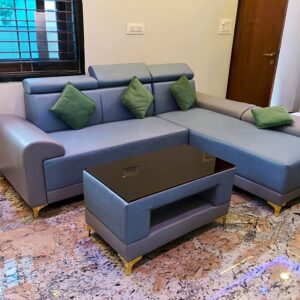 Taxzek 2–3-Seater L-Shaped Sofa with Storage Centre Table, Grey Leather with Green Cushion