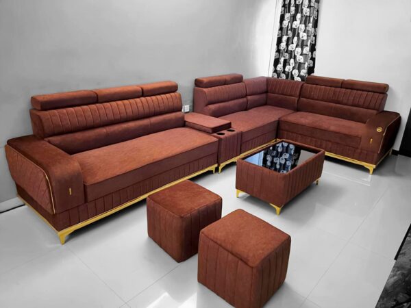 Taxzek Luxury 8+2 Sectional Sofa Set with Channel Tufting, Burgundy Velvet, Gold Accents, Decorative Cushions and Storage Table - Image 4