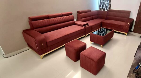 Taxzek Luxury 8+2 Sectional Sofa Set with Channel Tufting, Burgundy Velvet, Gold Accents, Decorative Cushions and Storage Table - Image 2