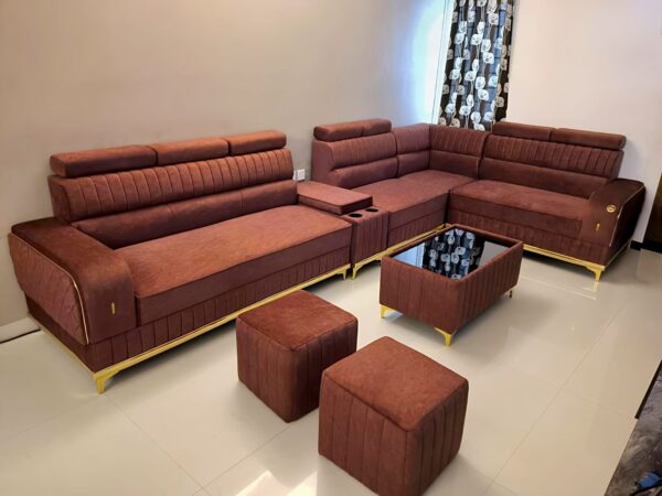 Taxzek Luxury 8+2 Sectional Sofa Set with Channel Tufting, Burgundy Velvet, Gold Accents, Decorative Cushions and Storage Table - Image 6