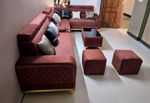 Taxzek Luxury 8+2 Sectional Sofa Set with Channel Tufting, Burgundy Velvet, Gold Accents, Decorative Cushions and Storage Table