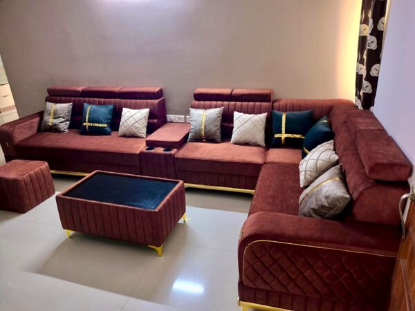 Taxzek Luxury 8+2 Sectional Sofa Set with Channel Tufting, Burgundy Velvet, Gold Accents, Decorative Cushions and Storage Table - Image 3