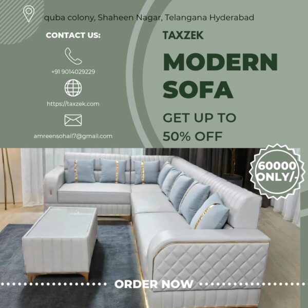 Taxzek Modern L-Shaped Sectional Sofa with Ottoman, Quilted Grey Leather, Gold Trim, Light Blue Accent Pillows - Image 4