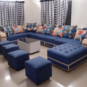Taxzek L-Shape Wooden Sofa with Center Table (Leatherate) (Large L-429, W-81, H-86) (Blue)