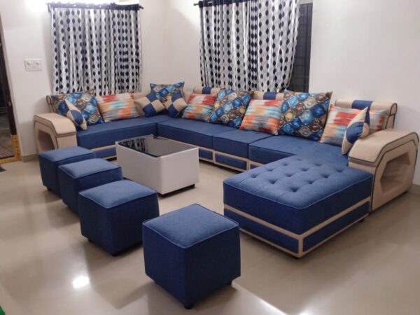 Taxzek L-Shape Wooden Sofa with Center Table (Leatherate) (Large L-429, W-81, H-86) (Blue)