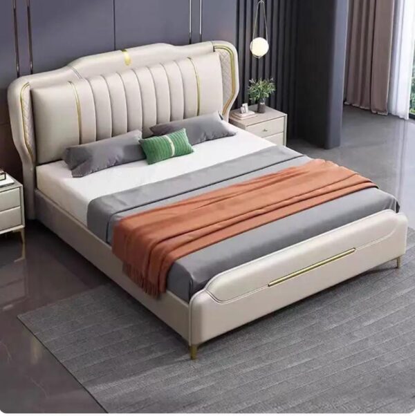 Taxzek Modern Queen Size Bed Frame with Upholstered Headboard, Cream White Leather, Gold Metal Accents