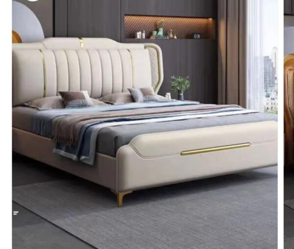 Taxzek Modern Queen Size Bed Frame with Upholstered Headboard, Cream White Leather, Gold Metal Accents - Image 3