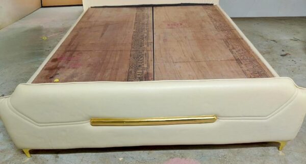 Taxzek Modern Queen Size Bed Frame with Upholstered Headboard, Cream White Leather, Gold Metal Accents - Image 6