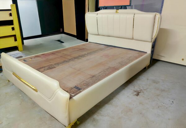 Taxzek Modern Queen Size Bed Frame with Upholstered Headboard, Cream White Leather, Gold Metal Accents - Image 4