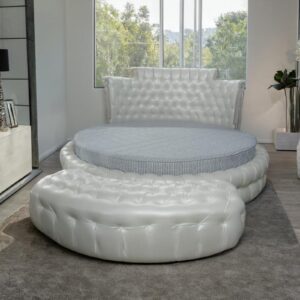 Taxzek Luxury Round Platform Bed with Tufted Headboard, White Faux Leather, Modern Design