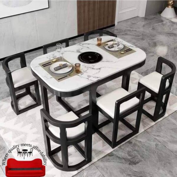 Taxzek Space Saving Modern Marble Design Dining Table Set with Light Weight 6 Chairs, Black Wood Frame, Cushioned Seats