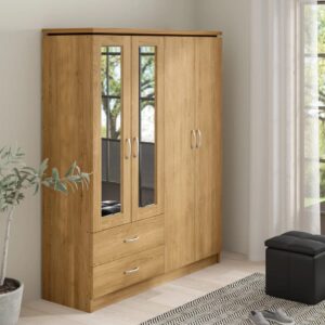 Taxzek Wardrobe | 1 Year Warranty | Engineered Wood Almirah, Cupboard for Clothes Storage | 4 Door, 2 Mirror, 2 Drawer, 2 Hanging Space | Multiple Adjustable Shelves ( Natural Teak Colour