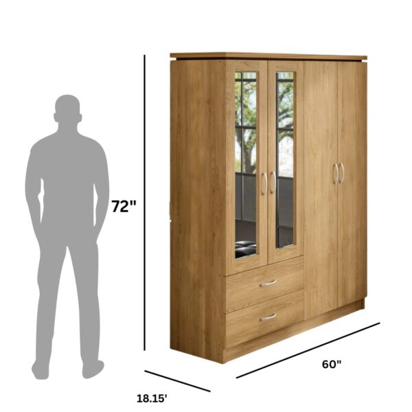 Taxzek Wardrobe | 1 Year Warranty | Engineered Wood Almirah, Cupboard for Clothes Storage | 4 Door, 2 Mirror, 2 Drawer, 2 Hanging Space | Multiple Adjustable Shelves ( Natural Teak Colour - Image 4