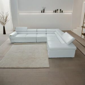 Taxzek Modern L-Shaped Sectional Sofa, Egg White Leather, Adjustable Headrests, Strong SS Legs Six-Seater Sofa for Living Room, Office, Guest Room