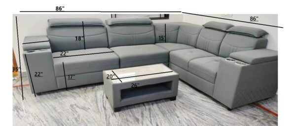 Taxzek Living Room Sofa Set with Headrests, Armrest with Cup Holders, Throw Pillows, and Storage Centre Table Grey - Image 4