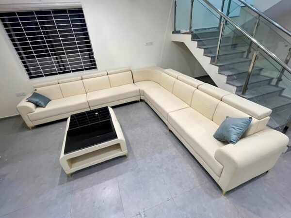 Taxzek Modern L-Shaped Sectional Sofa Set with Headrest, Coffee Table, Cream White Leather, Grey Accent Pillows 9-Seater Sofa for Living Room - Image 5