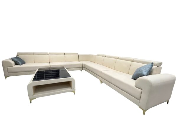 Taxzek Modern L-Shaped Sectional Sofa Set with Headrest, Coffee Table, Cream White Leather, Grey Accent Pillows 9-Seater Sofa for Living Room - Image 3