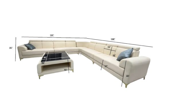 Taxzek Modern L-Shaped Sectional Sofa Set with Headrest, Coffee Table, Cream White Leather, Grey Accent Pillows 9-Seater Sofa for Living Room - Image 4