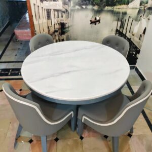 Taxzek Round Dining Table with Round Marble Top, 4 Grey Chairs, for Kitchen, Dining Room