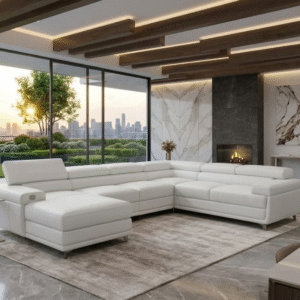 Home taxzek modern l shaped sectional sofa, egg white leather, adjustable headrests, strong ss legs six seater sofa for living room, office, guest room