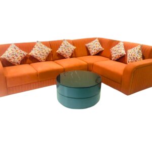Taxzek 5-Seater Living Room Orange Sofa Set with Printed Throw Pillows, Storage Safe Centre Table