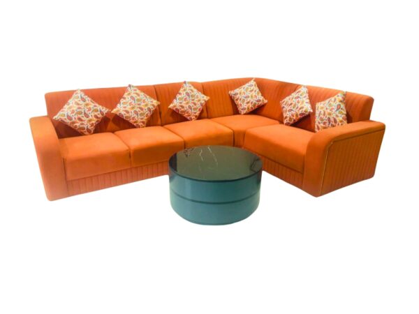 Taxzek 5-Seater Living Room Orange Sofa Set with Printed Throw Pillows, Storage Safe Centre Table