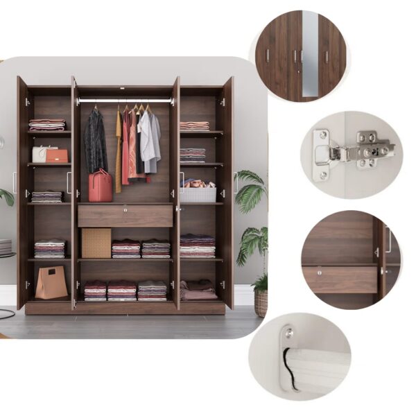 Taxzek Wardrobe | 1 Year Warranty | Engineered Wood Almirah, Cupboard for Clothes Storage | 4 Door,1 Mirror, 1 Drawer, 1 Hanging Space | Gingham - Columbian Walnut - Image 2