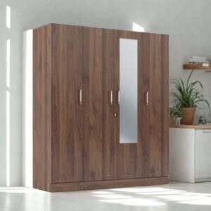 Taxzek Wardrobe | 1 Year Warranty | Engineered Wood Almirah, Cupboard for Clothes Storage | 4 Door,1 Mirror, 1 Drawer, 1 Hanging Space | Gingham - Columbian Walnut