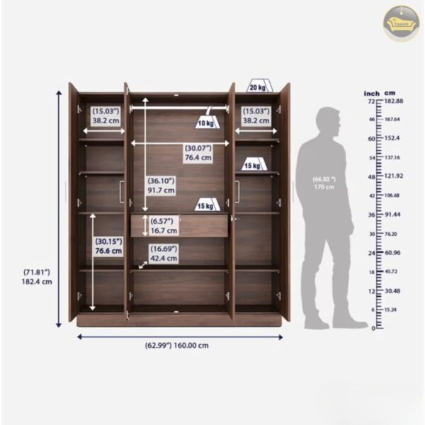 Taxzek Wardrobe | 1 Year Warranty | Engineered Wood Almirah, Cupboard for Clothes Storage | 4 Door,1 Mirror, 1 Drawer, 1 Hanging Space | Gingham - Columbian Walnut - Image 5