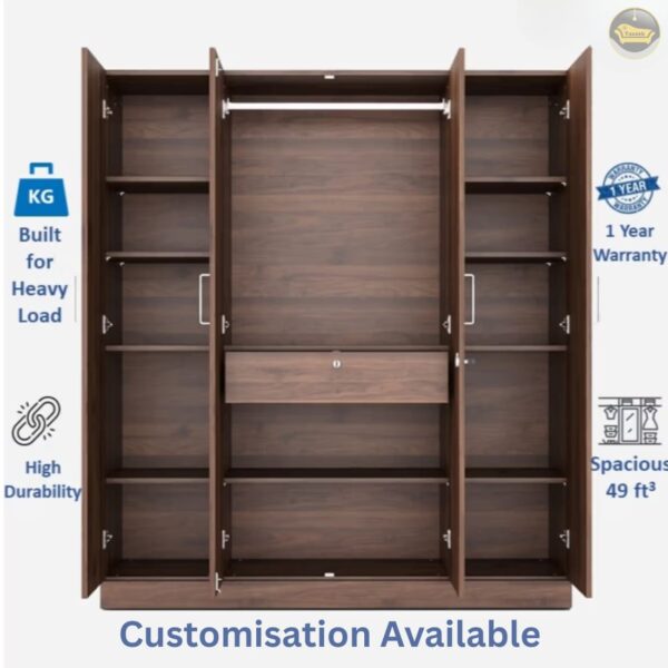 Taxzek Wardrobe | 1 Year Warranty | Engineered Wood Almirah, Cupboard for Clothes Storage | 4 Door,1 Mirror, 1 Drawer, 1 Hanging Space | Gingham - Columbian Walnut - Image 4