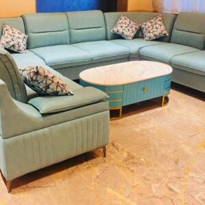 Taxzek Modern U Shape Sofa With Pillows and Oval Shape Canter Table
