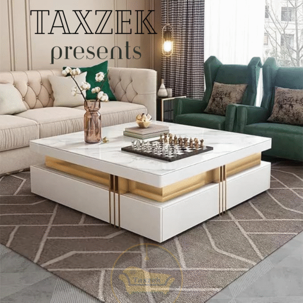 Taxzek Square Shape Canter Table With Marble Top , 4 Drawers
