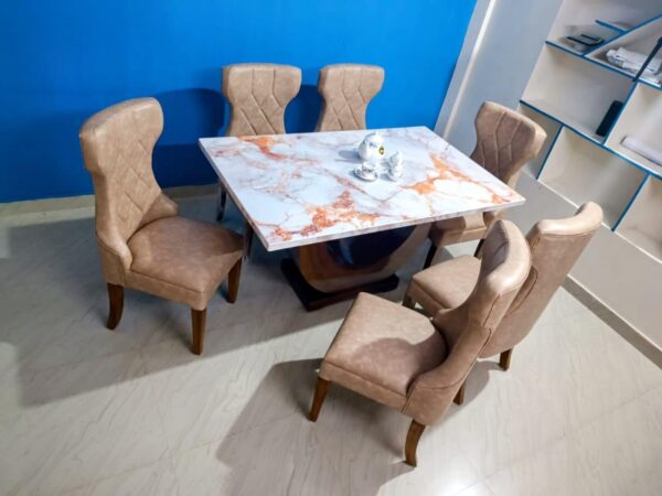 Taxzek Kitchen, Dining Room U-Shape, 6 Seater, Marble Top Dining Table with Upholstered Chairs, Tan - Image 5