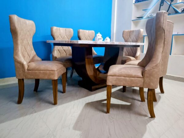Taxzek Kitchen, Dining Room U-Shape, 6 Seater, Marble Top Dining Table with Upholstered Chairs, Tan - Image 6