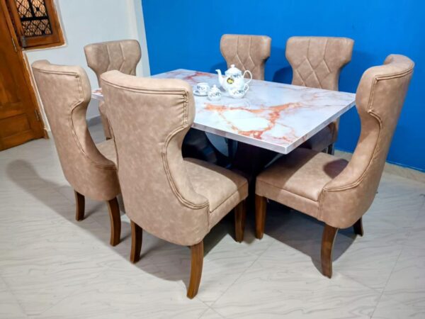 Taxzek Kitchen, Dining Room U-Shape, 6 Seater, Marble Top Dining Table with Upholstered Chairs, Tan - Image 8