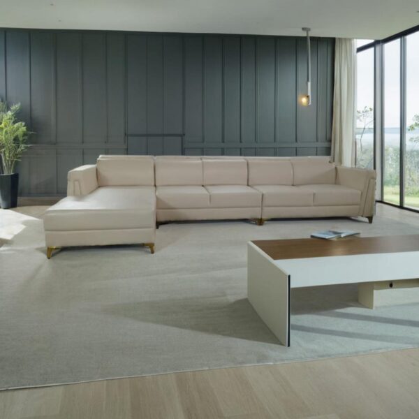 Taxzek Modern L-Shaped Sectional Sofa, Cream Leather Upholstery, Gold-Tone Legs 2+2+Lounger for Living Room,Office, Guest House - Image 2