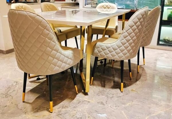 Taxzek Modern Dining Table Set with 6 Chairs, White Marble Top, Gold Base, Quilted Cream Upholstery, Black+Golden Leg for Living Room Dining Room Kitchen - Image 2