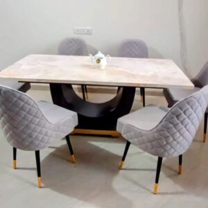 Taxzek U-Shaped Black+Golden Wooden Base, 6 Seater, Marble Top Dining Table, Grey Chairs with Black+Golden Legs