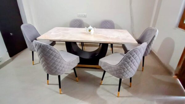 Taxzek U-Shaped Black+Golden Wooden Base, 6 Seater, Marble Top Dining Table, Grey Chairs with Black+Golden Legs