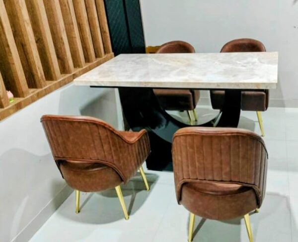 Taxzek U-Shape Modern Dining Set with Marble Top, Brown Quilted Four Chairs with Gold Legs, 5-Piece - Image 4