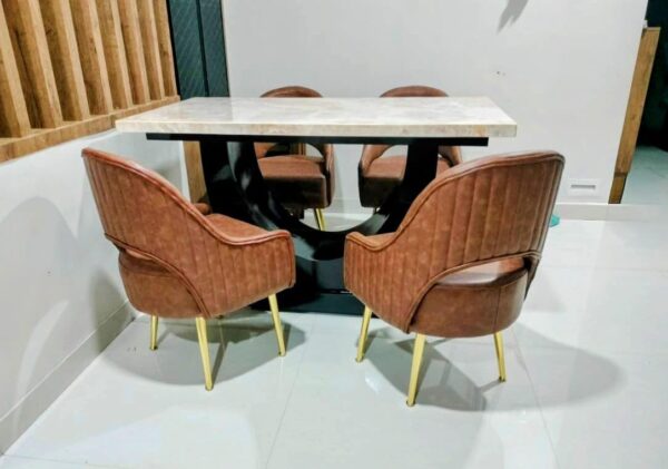 Taxzek U-Shape Modern Dining Set with Marble Top, Brown Quilted Four Chairs with Gold Legs, 5-Piece - Image 3