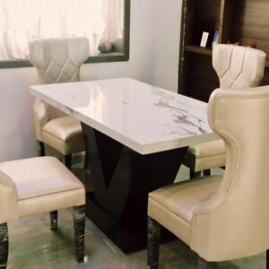 Taxzek Modern Dining Set, 4 Cream Leather Chairs with Marble-Look Table, V-Base, Diamond Pattern