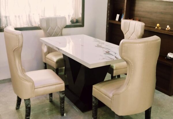 Taxzek Modern Dining Set, 4 Cream Leather Chairs with Marble-Look Table, V-Base, Diamond Pattern