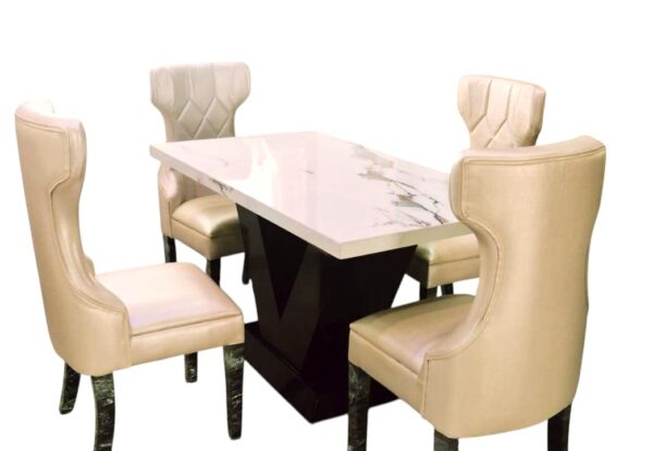 Taxzek Modern Dining Set, 4 Cream Leather Chairs with Marble-Look Table, V-Base, Diamond Pattern - Image 4