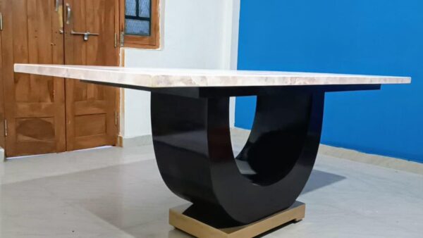 Taxzek U-Shaped Black+Golden Wooden Base, 6 Seater, Marble Top Dining Table, Grey Chairs with Black+Golden Legs - Image 4