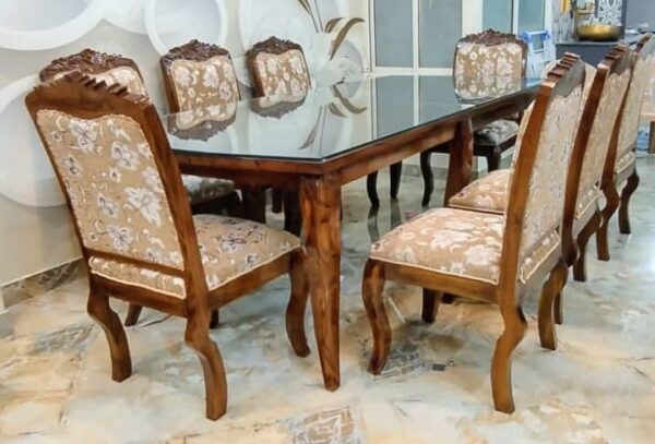 Taxzek Kitchen, Dining Room Wooden Dining Table Set with 8 Upholstered Chairs with Queen Style Frame, Brown