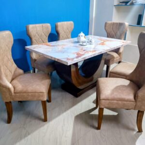 Taxzek Kitchen, Dining Room U-Shape, 6 Seater, Marble Top Dining Table with Upholstered Chairs, Tan
